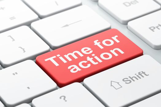 Time concept: computer keyboard with word Time for Action, selected focus on enter button background, 3d render