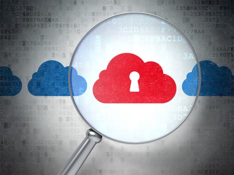 Cloud technology concept: magnifying optical glass with Cloud With Keyhole icons on digital background, 3d render
