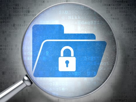 Finance concept: magnifying optical glass with Folder With Lock icon on digital background, 3d render