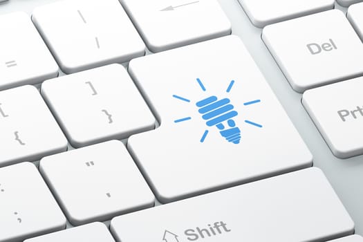 Finance concept: Enter button with Energy Saving Lamp on computer keyboard background, 3d render