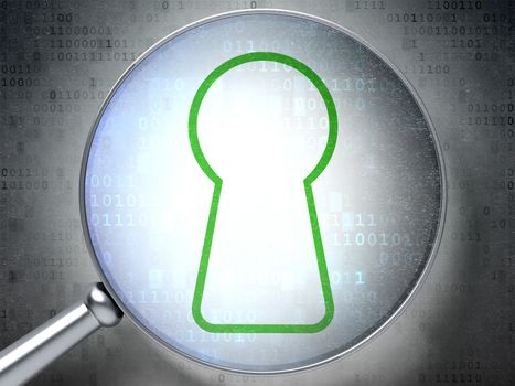 Protection concept: magnifying optical glass with Keyhole icon on digital background, 3d render