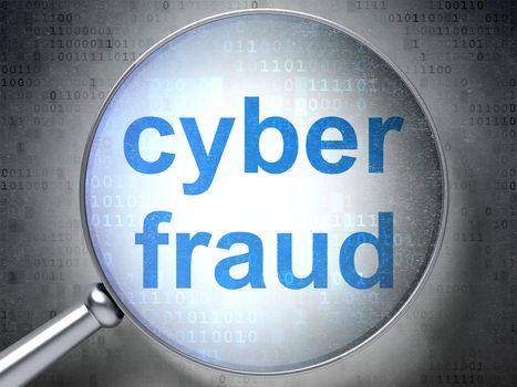 Protection concept: magnifying optical glass with words Cyber Fraud on digital background, 3d render
