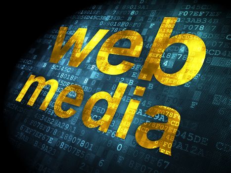 SEO web development concept: pixelated words Web Media on digital background, 3d render