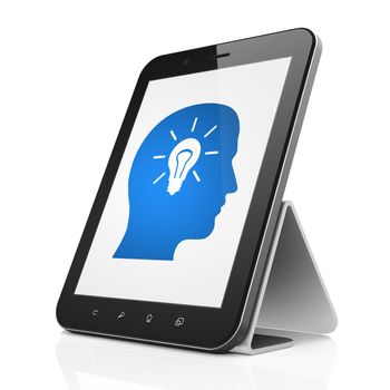 Advertising concept: black tablet pc computer with Head With Light Bulb icon on display. Modern portable touch pad on White background, 3d render