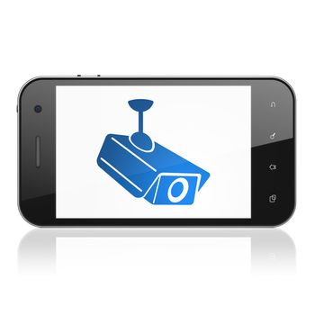 Privacy concept: smartphone with Cctv Camera icon on display. Mobile smart phone on White background, cell phone 3d render