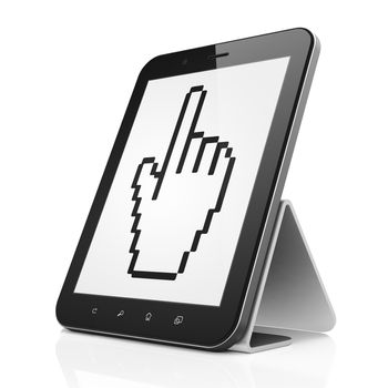 Marketing concept: black tablet pc computer with Mouse Cursor icon on display. Modern portable touch pad on White background, 3d render