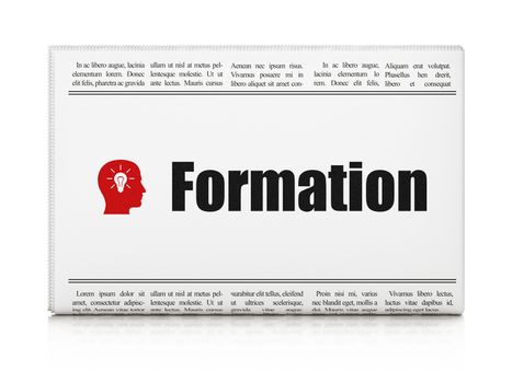 Education news concept: newspaper headline Formation and Head With Light Bulb icon on White background, 3d render