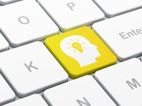 Marketing concept: computer keyboard with Head With Light Bulb icon on enter button background, selected focus, 3d render