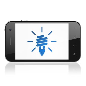 Business concept: smartphone with Energy Saving Lamp icon on display. Mobile smart phone on White background, cell phone 3d render