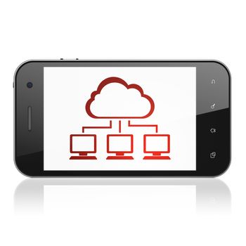 Cloud computing concept: smartphone with Cloud Network icon on display. Mobile smart phone on White background, cell phone 3d render