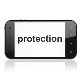 Protection concept: smartphone with text Protection on display. Mobile smart phone on White background, cell phone 3d render