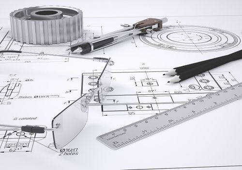 Glasses, ruler, compass, pencil and gear lie on the drawing. 3d render