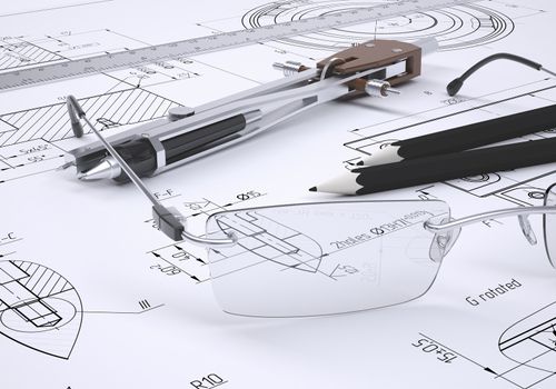 Glasses, ruler, compass and pencils lie on the drawing. 3d render