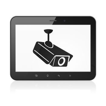 Privacy concept: black tablet pc computer with Cctv Camera icon on display. Modern portable touch pad on White background, 3d render