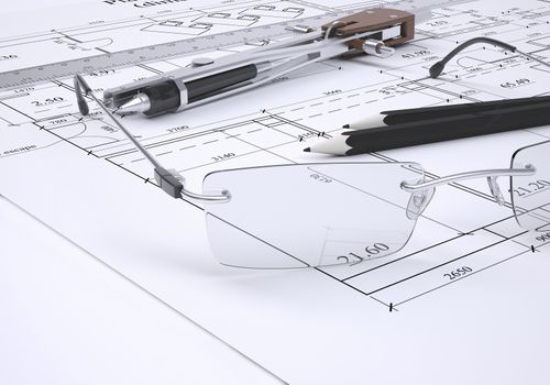 Glasses, ruler, compass and pencils lie on the drawing. 3d render