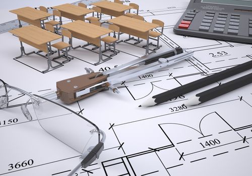 Drawing of the arrangement of furniture and tools engineer. 3d render