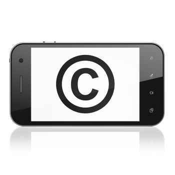 Law concept: smartphone with Copyright icon on display. Mobile smart phone on White background, cell phone 3d render