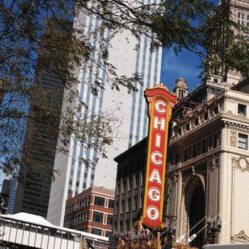 Theater sign in downtown Chicago in the state of Illinois in the United States of America.