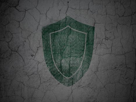 Safety concept: Green Shield on grunge textured concrete wall background, 3d render