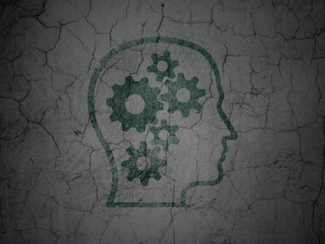 Business concept: Green Head With Gears on grunge textured concrete wall background, 3d render
