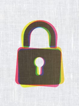 Data concept: CMYK Closed Padlock on linen fabric texture background, 3d render