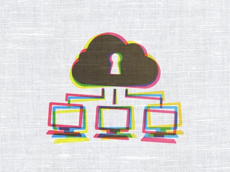 Security concept: CMYK Cloud Network on linen fabric texture background, 3d render