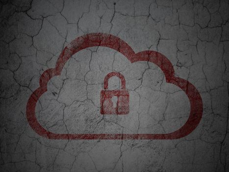 Cloud technology concept: Red Cloud With Padlock on grunge textured concrete wall background, 3d render