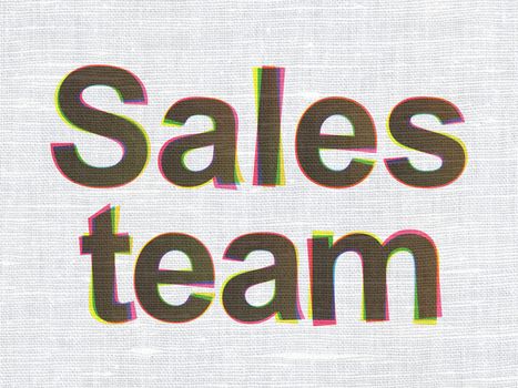 Marketing concept: CMYK Sales Team on linen fabric texture background, 3d render