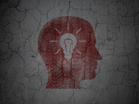 Marketing concept: Red Head With Light Bulb on grunge textured concrete wall background, 3d render