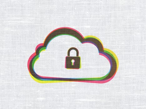 Cloud networking concept: CMYK Cloud With Padlock on linen fabric texture background, 3d render