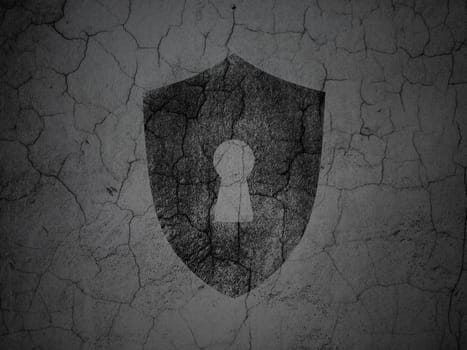 Safety concept: Black Shield With Keyhole on grunge textured concrete wall background, 3d render
