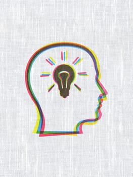 Finance concept: CMYK Head With Lightbulb on linen fabric texture background, 3d render