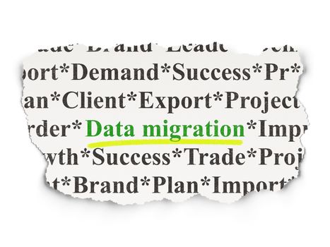 Data concept: torn newspaper with words Data Migration on Paper background, 3d render