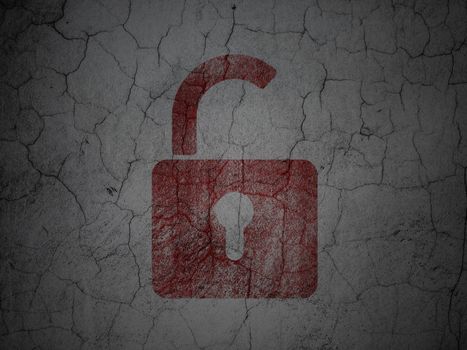 Safety concept: Red Opened Padlock on grunge textured concrete wall background, 3d render