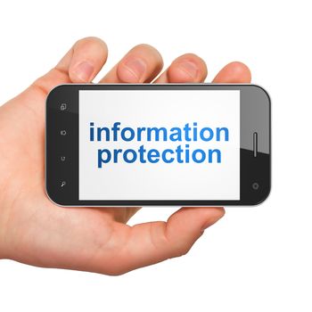 Privacy concept: hand holding smartphone with word Information Protection on display. Mobile smart phone in hand on White background, 3d render