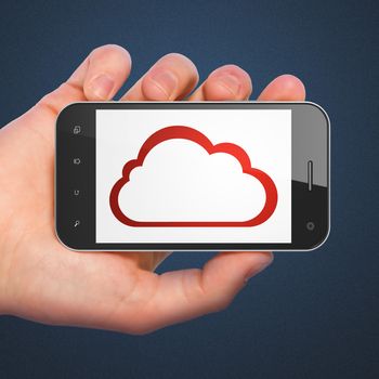 Cloud technology concept: hand holding smartphone with Cloud on display. Mobile smart phone in hand on Blue background, 3d render