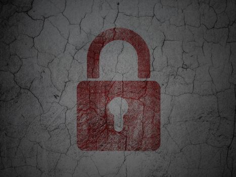 Data concept: Red Closed Padlock on grunge textured concrete wall background, 3d render