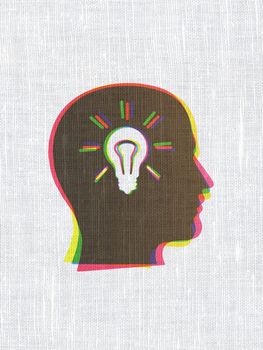 Business concept: CMYK Head With Light Bulb on linen fabric texture background, 3d render