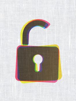 Privacy concept: CMYK Opened Padlock on linen fabric texture background, 3d render