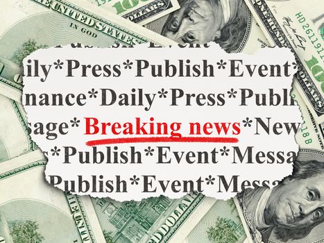 News concept: torn newspaper with words Breaking News on Money background, 3d render