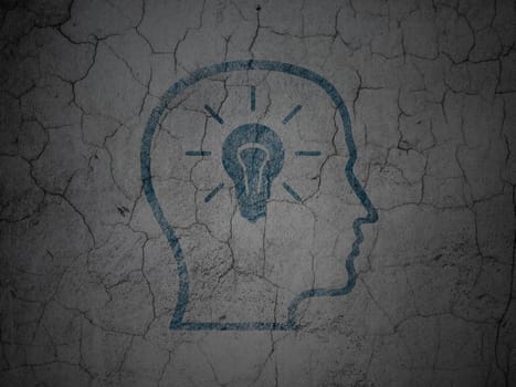 Marketing concept: Blue Head With Lightbulb on grunge textured concrete wall background, 3d render
