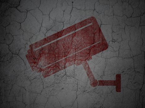 Security concept: Red Cctv Camera on grunge textured concrete wall background, 3d render