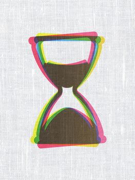 Timeline concept: CMYK Hourglass on linen fabric texture background, 3d render