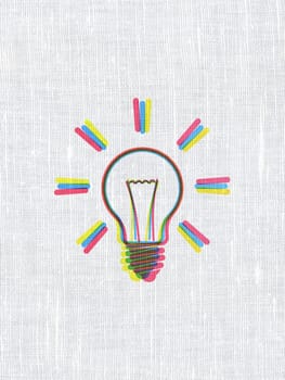 Finance concept: CMYK Light Bulb on linen fabric texture background, 3d render