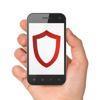 Security concept: hand holding smartphone with Contoured Shield on display. Mobile smart phone in hand on White background, 3d render