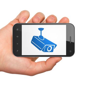 Privacy concept: hand holding smartphone with Cctv Camera on display. Mobile smart phone in hand on White background, 3d render