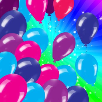 Rainbow Holiday's background with balloons, rays and stars
