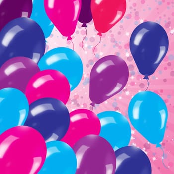 Pink Holiday's background with balloons, rays and stars