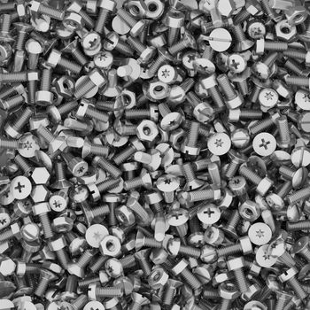 Background of different bolts and nuts. High resolution 3D image
