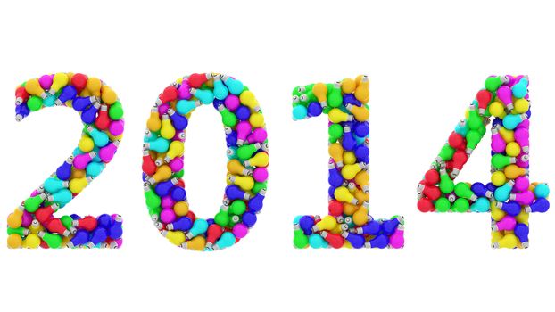 2014 digits composed of colorful lightbulbs isolated on white background. High resolution 3D image